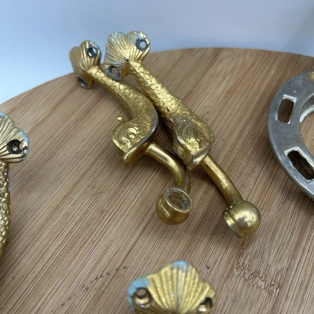 Vtg BRASS‎ Koi Fish (4) Wall Mount Towel Racks, Tissue Set & Tooth Brush/cup
